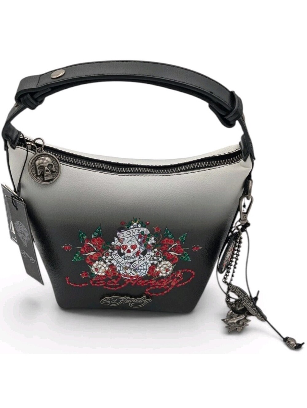 NWT Ed Hardy Love Kills Slowly Skull Rhinestone Hobo Shoulder Bag Charms Y2K